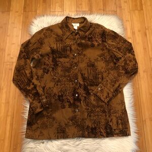 Soft Surroundings Landscape Print Faux Suede Button Down Brown Womens Shirt L